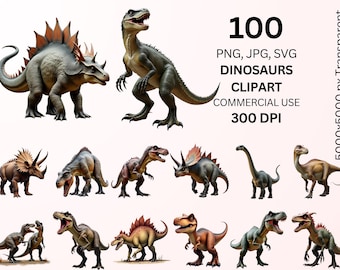 Realistic Dinosaur Clipart Bundle, Dinosaur PNG SVG Jpg, T Rex Clipart, Prehistoric Animal Graphics, Commercial Use, 100 PNG
