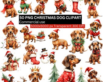 May include: A collection of watercolor illustrations featuring dachshund dogs in festive Christmas attire. The dogs are adorned with Santa hats, scarves, and sweaters, and some are posed with holiday props. Text reads: "50 PNG CHRISTMAS DOG CLIPART Commercial use 5000x5000 px Transparent 300 DPI."