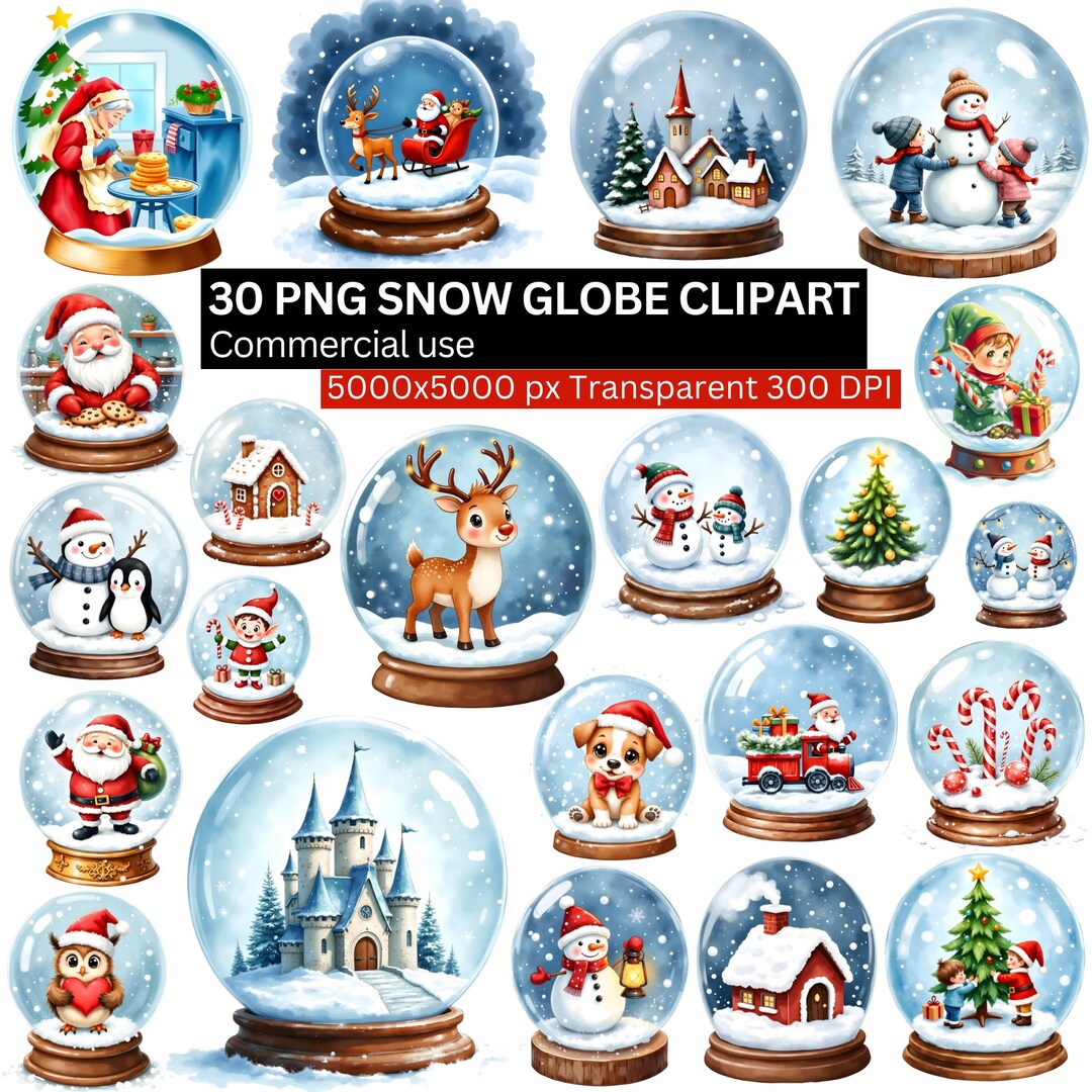 Snow Globe Clipart Bundle, 30 PNG Christmas Snow Globe Illustrations ...