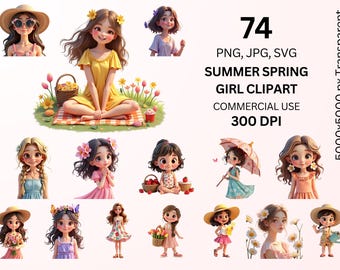 Summer Girl Clipart Bundle PNG SVG, 74 Cute Spring Girl Flower Sublimation Kids Transparent, Commercial Use Instant Download