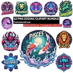 Zodiaque Clipart PNG, 12 signes astrologiques Bélier, Taureau, Gémeaux, Poissons, Horoscope Bundle, fond Transparent, Sublimation numérique