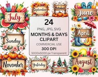 Months and Days Clipart Bundle PNG SVG, Calendar Month Names, Days of Week Signs, Seasonal Calendar Graphics, Classroom Decor