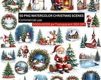 Watercolor Christmas Scenes PNG, 50 Holiday Clipart Pack, Santa Claus, Wreath, Reindeer, Festive Winter Village Illustrations