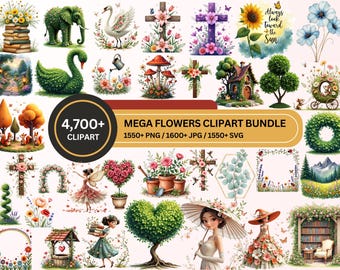 Mega Flowers Clipart Bundle, 4700+ PNG JPG SVG Floral Designs, Fairy Garden Cross Clipart, Commercial Use Instant Download