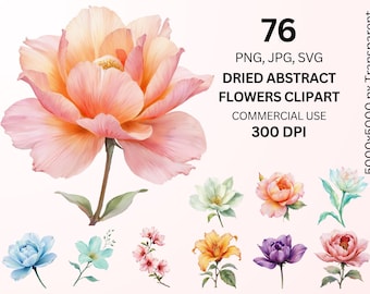 Dried Abstract Flowers Clipart Bundle, Pastel Floral PNG SVG JPG, Boho Watercolor Flower Graphics, Sublimation, Commercial Use