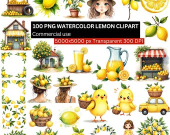Peut inclure: Ensemble de cliparts aquarelle sur le thème du citron. Comprend des illustrations de citrons, de citronniers, de limonade, une fille avec un chapeau de citron et une voiture jaune. Le texte indique "100 PNG WATERCOLOR LEMON CLIPART Commercial use".
