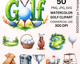 Watercolor Golf Clipart PNG JPG SVG Bundle, Golf Course Illustrations, Golf Ball Club Bag Cart Art, Sports Clipart, 300DPI, Commercial Use