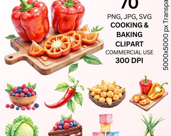 Cooking & Baking Clipart Bundle 70 Food Illustrations PNG JPG SVG, Kitchen Ingredients, Desserts and Vegetables for Commercial Use