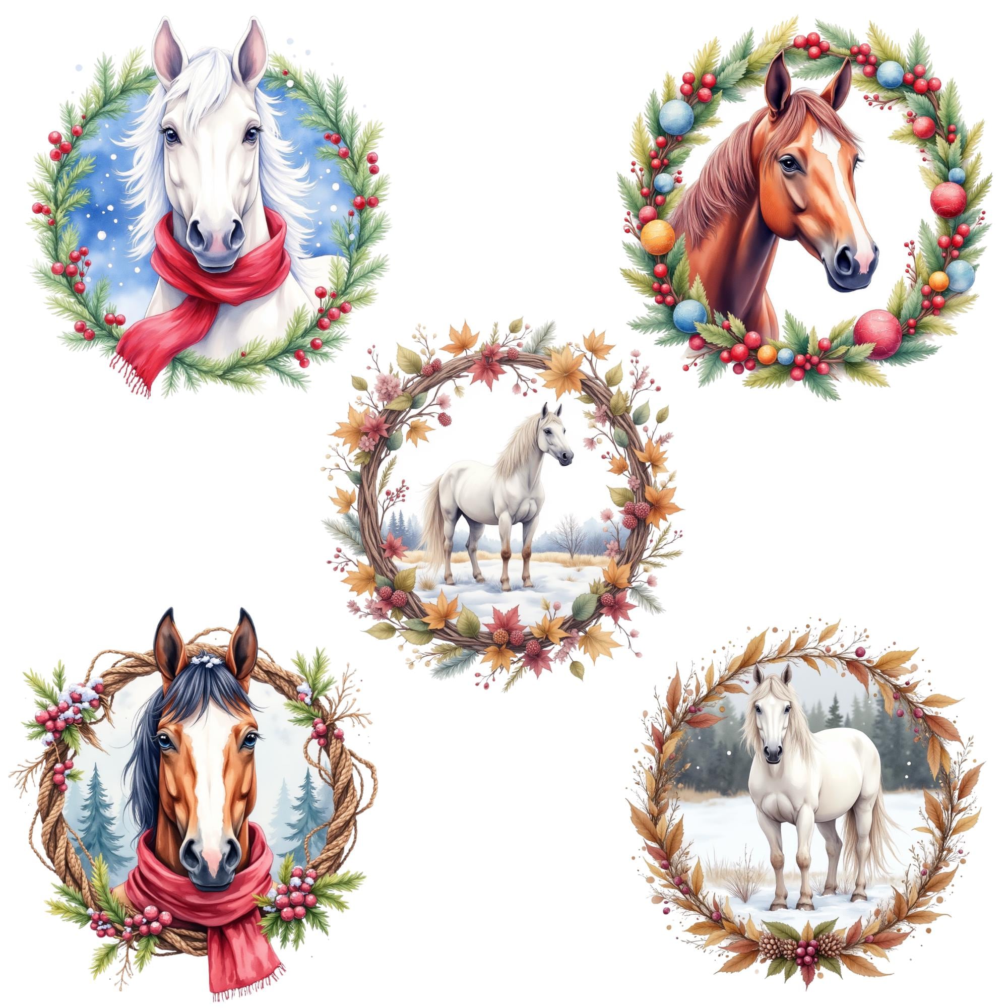 Christmas Horse Clipart Bundle, 40 PNG Watercolor Horse Wreaths, Winter ...