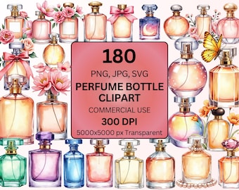 180 Watercolor Perfume Bottle Clipart PNG Bundle, Luxury Cosmetic Bottle Clipart, Beauty Branding Graphics, Commercial Use SVG JPG