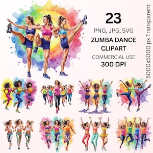 Könnte beinhalten: Ein lebendiges Zumba-Tanz-Clipart-Set mit Aquarellillustrationen von Frauen in aktiven Posen. Die Bilder zeigen Frauen in farbenfroher Sportkleidung, mit dem Text "23 PNG, JPG, SVG ZUMBA DANCE CLIPART COMMERCIAL USE 300 DPI".