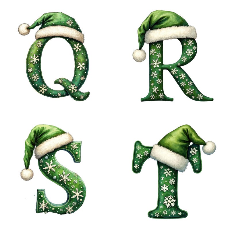 36 PNG Green Christmas Alphabet Clipart, Santa Hat Letters & Numbers ...