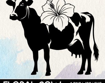 Floral Cow PNG JPG SVG, Farmhouse Cow Silhouette, Cow with Flower Clipart, Rustic Farm Animal Cricut Cut File, Country Farm Cow Floral