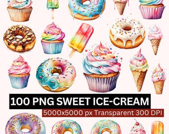 Ice Cream PNG Bundle, Sweet Treats Clipart, Popsicle PNG, Cupcakes Donuts PNG, Watercolor Ice Cream, Instant Download