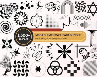 Mega Design Elements Bundle, 1500 Abstract Shapes SVG, Boho Y2K Elements PNG, Retro Grunge Clipart, Halftone Shapes, Commercial Use SVG