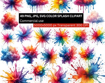 May include: A collection of 49 colorful color splash clipart images in PNG, JPG, and SVG formats. The images feature vibrant watercolor-style splashes in various shapes and colors, including red, orange, yellow, blue, and purple. The text in the image says "Commercial use" and "5000x5000 px Transparent 300 DPI".