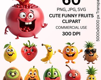 Cute Funny Fruits Clipart Bundle, 60 Cartoon Fruit PNG JPG SVG, Kawaii Fruit Characters, 5000x5000px 300DPI, Stickers, Sublimation, Kids Art