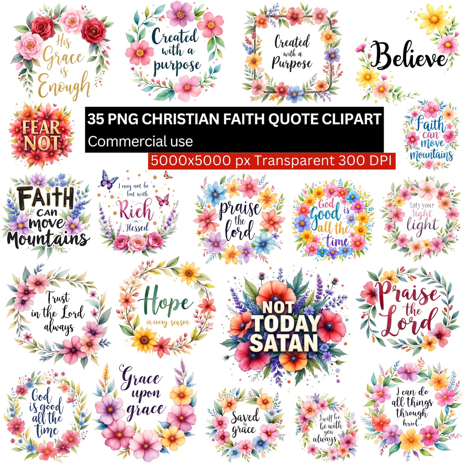 Christian Faith Quote Clipart, Bible Verse PNG Bundle, Floral Scripture ...