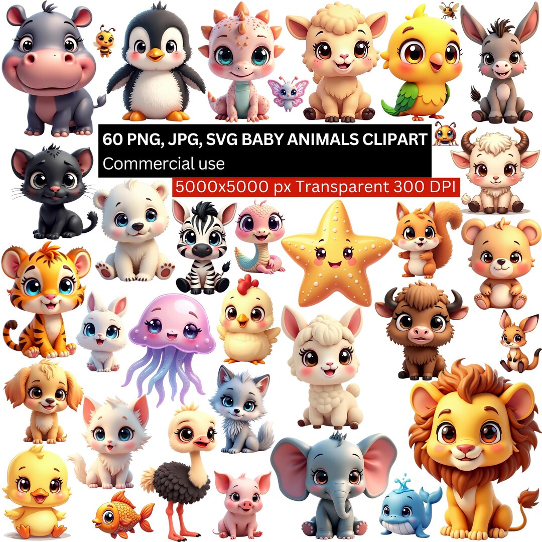 Baby Animals Clipart Bundle, Cute Animal PNG, Kawaii Baby Animal ...