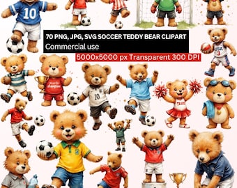 Soccer Bear Clipart, Football Teddy PNG Bundle, Kids Sports Art Set, Champion Bear PNG, Soccer Team Clipart, Sports Bundle for Sublimation