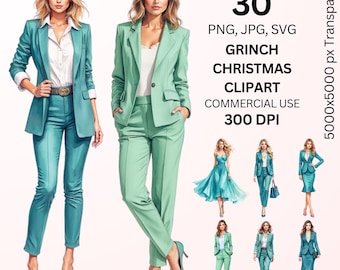 Fashion Woman Clipart Bundle, 30 Stylish Business Outfit Illustrations, Modern Female Fashion PNG SVG, Commercial Use