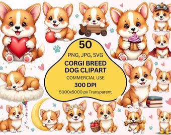 50 Corgi Clipart Bundle PNG, Cute Corgi Dog Clipart, Puppy PNG, Kawaii Dog Clipart, Pet Clipart, Cartoon Dog, Commercial Use