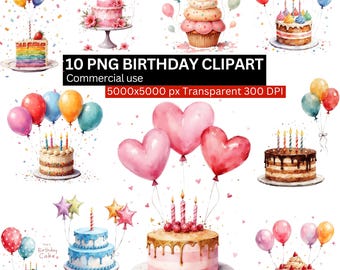 Birthday Cake Clipart Bundle, 10 PNG Watercolor Birthday Cakes with Balloons, Cupcake Party Clipart, Birthday Sublimation Digital Download