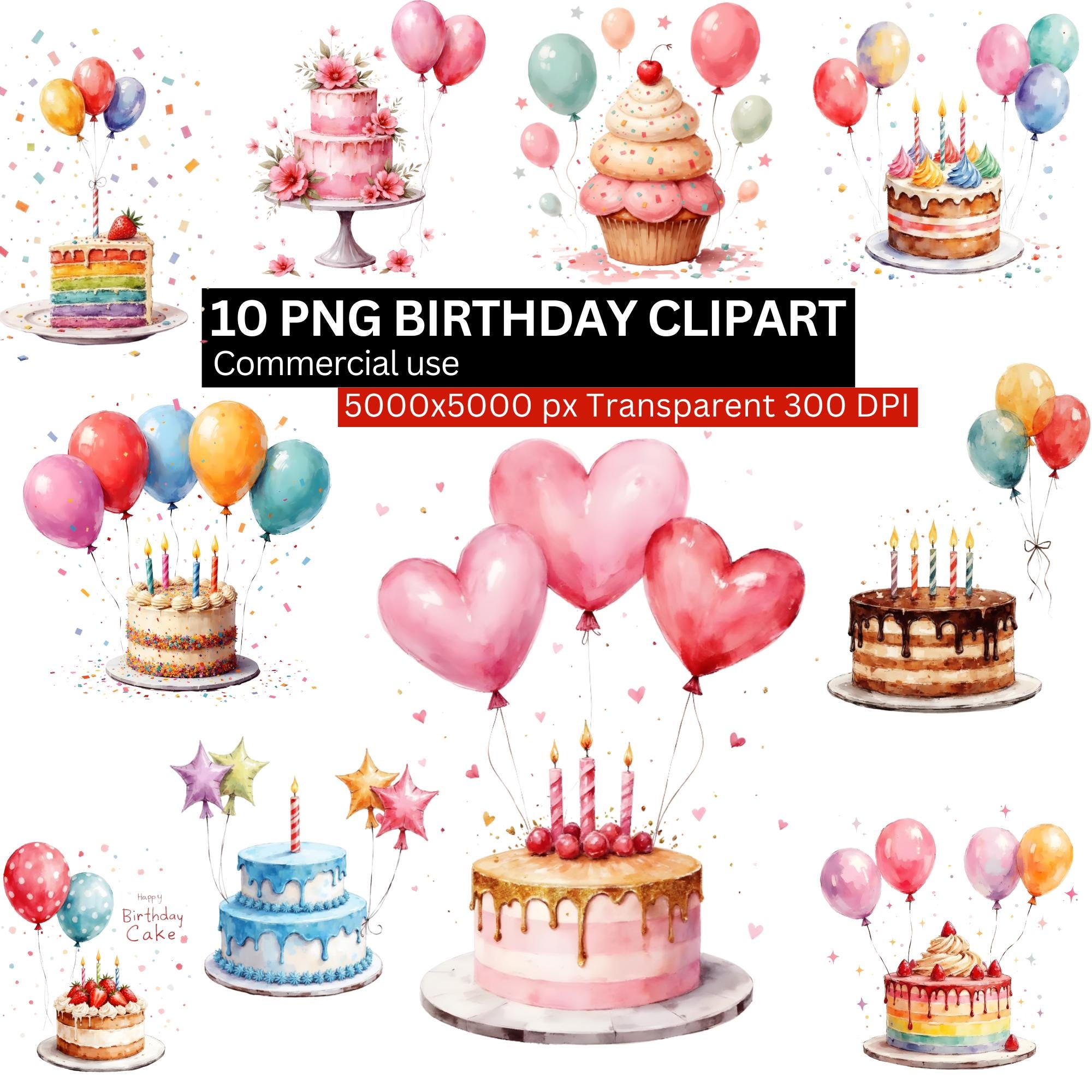Birthday Cake Clipart Bundle, 10 PNG Watercolor Birthday Cakes With ...