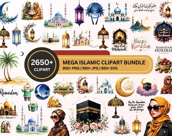 Ramadan Clipart Bundle PNG, 2650+ Islamic Mubarak Eid PNG SVG Files, Mosque Kaaba Muslim Graphics Commercial Use