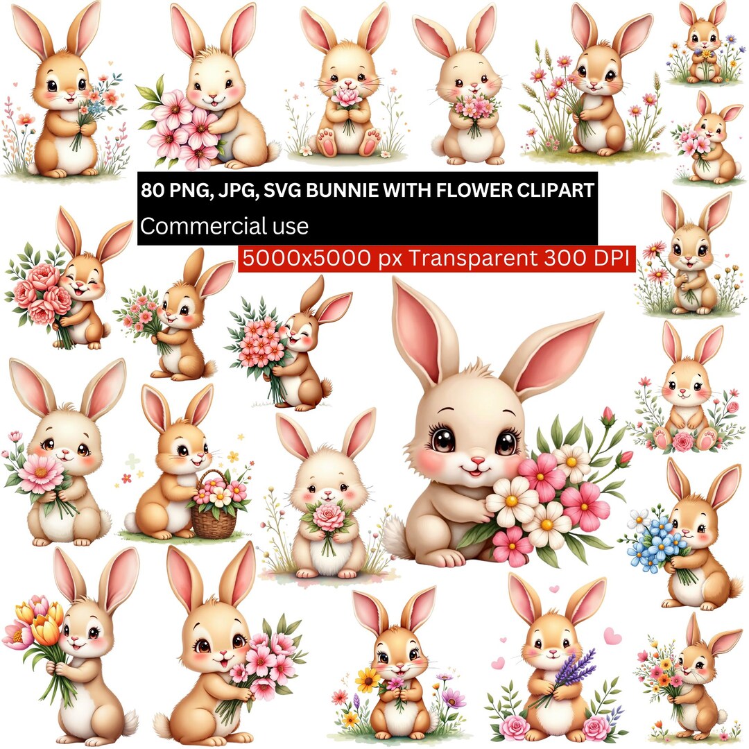 80 PNG Bunny With Flowers Clipart, Cute Rabbit Floral Clipart Bundle ...
