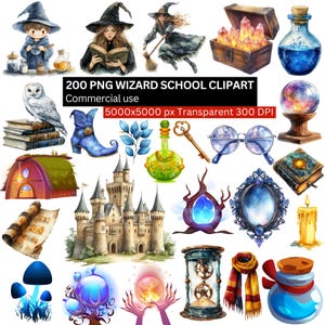 May include: A collection of watercolor illustrations featuring wizard school-themed elements. Includes a castle, potions, a crystal ball, a witch, a wizard, a key, a scroll, a boot, an owl, books, and other magical items. The text reads "200 PNG WIZARD SCHOOL CLIPART Commercial use".