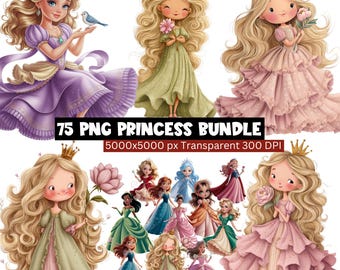 Watercolor Princess Clipart, 75 PNG Bundle, Fairytale Princess Graphics, Beautiful Gown Clipart, Birthday Party Transparent PNG