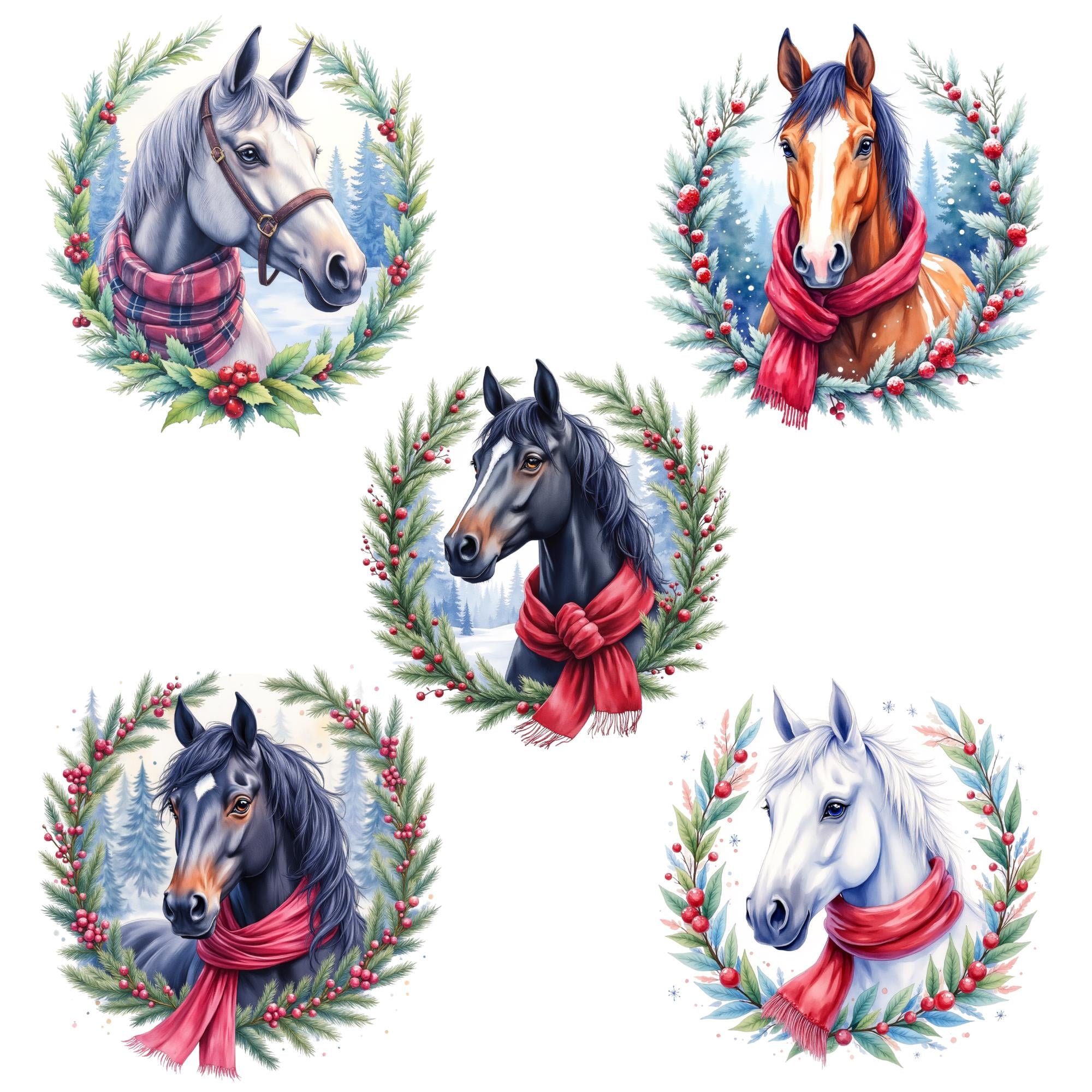 Christmas Horse Clipart Bundle, 40 PNG Watercolor Horse Wreaths, Winter ...