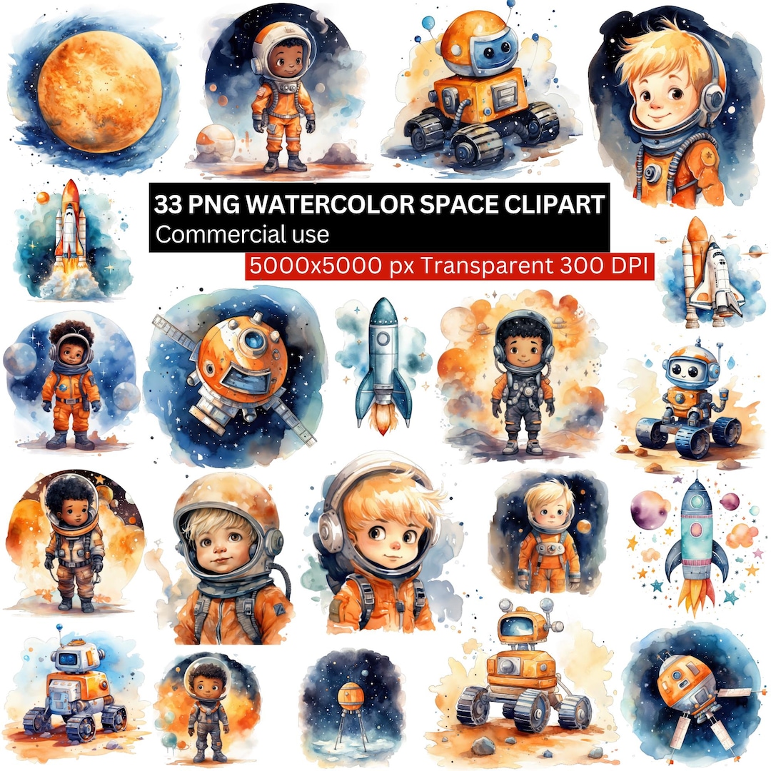 Watercolor Space Clipart Bundle, 33 PNG Astronaut Rocket Robot Planet ...
