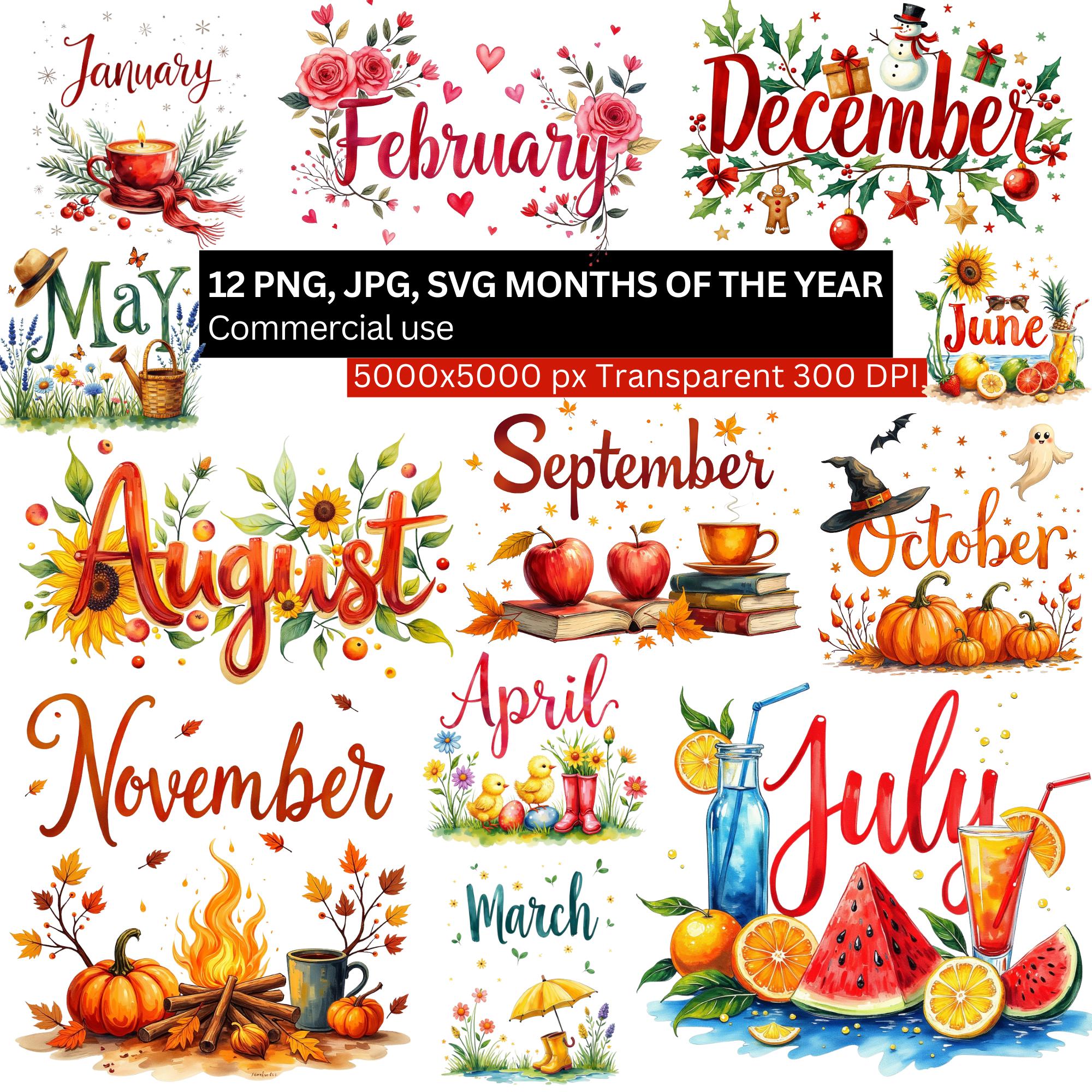 12 Months of the Year Clipart PNG JPG SVG Bundle, Seasonal Monthly Art ...