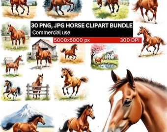 Horse PNG Clipart, Countryside Animal Art for Sublimation, Realistic Horse PNG, Farmhouse Horse Clipart Set, Brown Horse Art Bundle