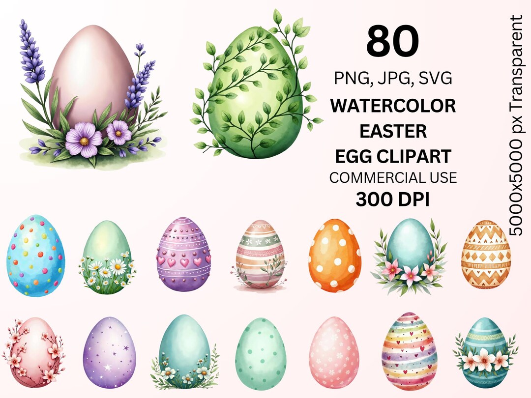 Watercolor Easter Egg Clipart Bundle PNG 80 Floral Spring Easter Egg ...