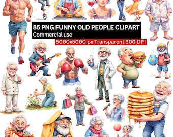 May include: A collection of 85 PNG funny old people clipart images. The images include illustrations of elderly people in various activities, such as running, playing guitar, and eating. The text "85 PNG FUNNY OLD PEOPLE CLIPART" is displayed.