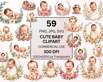 Cute Baby Clipart Bundle, Baby PNG SVG JPG, Watercolor Newborn Clipart, Baby Shower Graphics, Nursery Clipart, Commercial Use