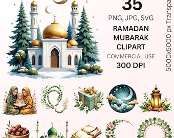 Ramadan Mubarak Clipart Bundle, 35 PNG JPG SVG, Islamic Mosque Crescent Lantern Quran Art, Eid Ramadan Muslim Illustrations, 300DPI