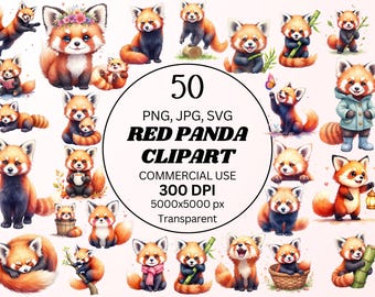 Red Panda Clipart Bundle, 50 Cute Red Panda PNG, Kawaii Animal Clipart, Baby Red Panda Sublimation, Nursery PNG, Commercial Use, Download