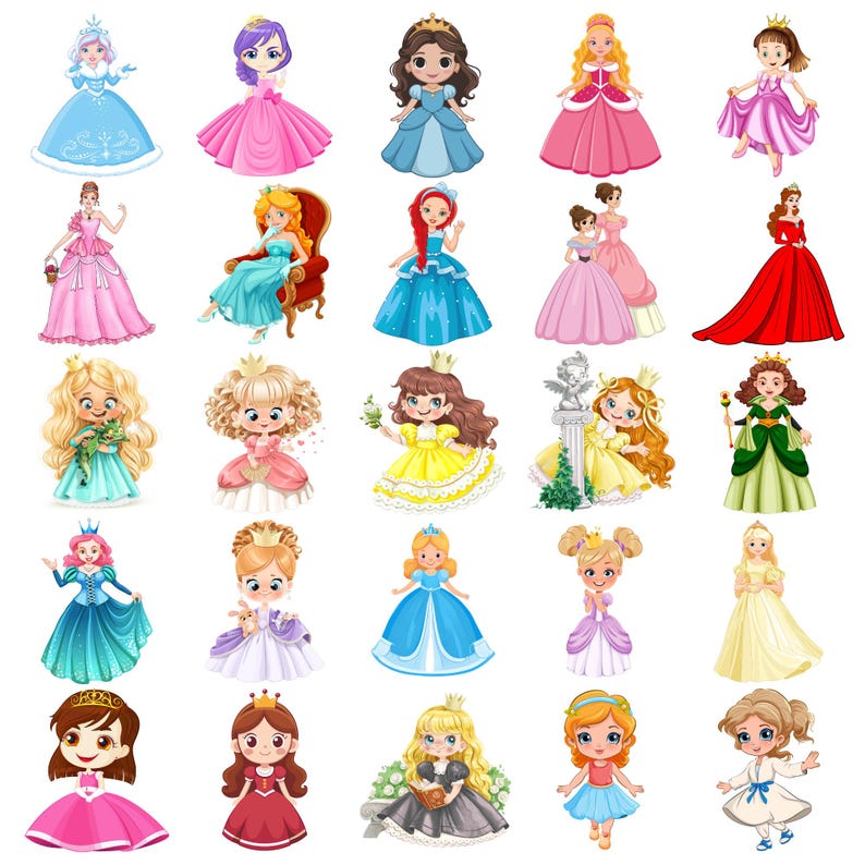 Princess Clipart Set 50 PNG, Cartoon Royal Princesses, Cute Girl Gowns ...