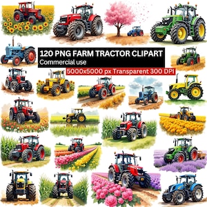 May include: A collection of colorful farm tractor clipart images. The tractors are in various colors, including red, green, yellow, and blue, and are set against backgrounds of fields and flowers. Text on the image reads "120 PNG FARM TRACTOR CLIPART Commercial use".