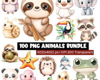 Cute Watercolor Animal PNG Bundle, Baby Animal Clipart for Nursery & Sublimation, Printable Animals Clipart Bundle, Digital Stickers Clipart