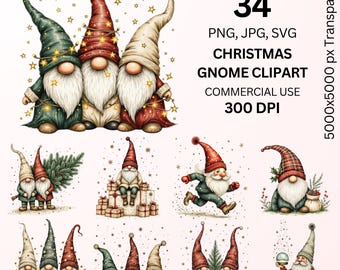 May include: A collection of 34 Christmas gnome clipart images in PNG, JPG, and SVG formats. The gnomes are depicted in various poses and styles, with long white beards, pointed hats, and festive attire. The images are for commercial use and are 300 DPI.