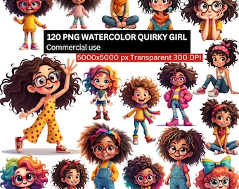 Quirky Girl PNG Bundle, 120 Watercolor Illustrations, Curly Hair Girls, Colorful Outfits, Transparent 300DPI, Instant Download