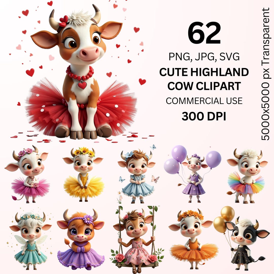 Cute Highland Cow Clipart Bundle, 62 Cow PNG JPG SVG, Kawaii Baby Cow ...