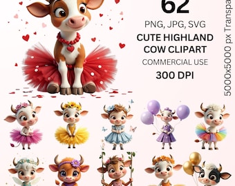 Süßes Highland Kuh Clipart Bundle, 62 Kuh PNG JPG SVG, Kawaii Baby Kuh Illustrationen, entzückende Kuh in Kleidern, Bauernhof Tier Clipart 300DPI