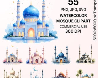 水彩画のモスクのクリップアート集、55のイスラム教のモスク（PNG、SVG）、ラマダン・イード・モスクのイラスト、イスラム建築アート、商用利用可