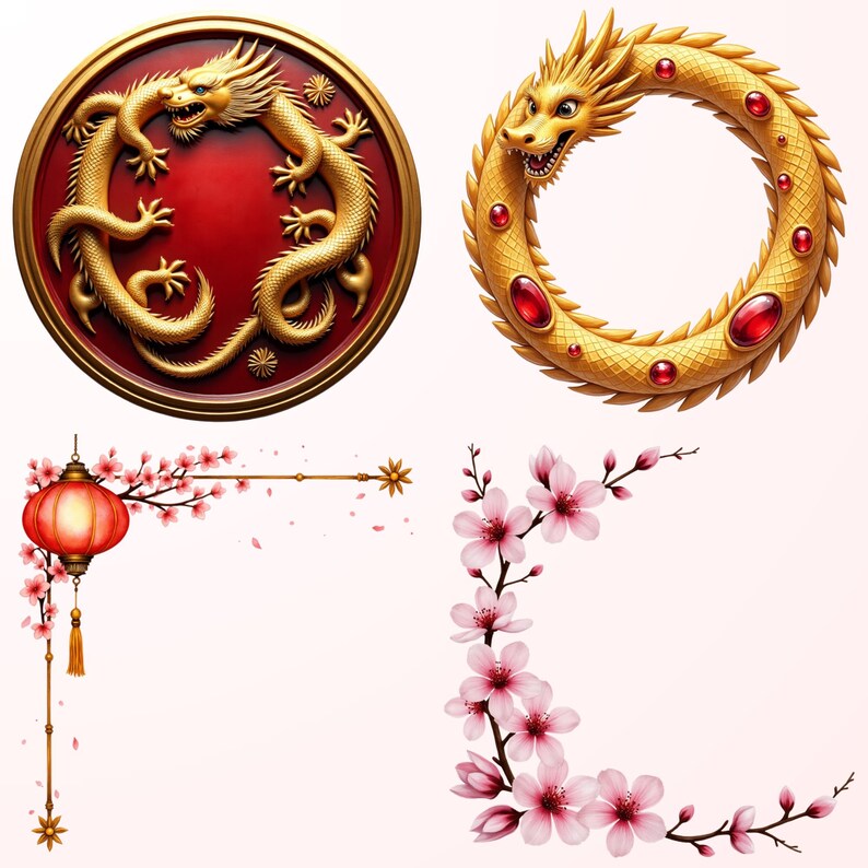 four distinct decorative elements: a golden dragon on a red background, a golden wreath with red gemstones, a red lantern with a gold tassel, and pink flowers with pink petals.